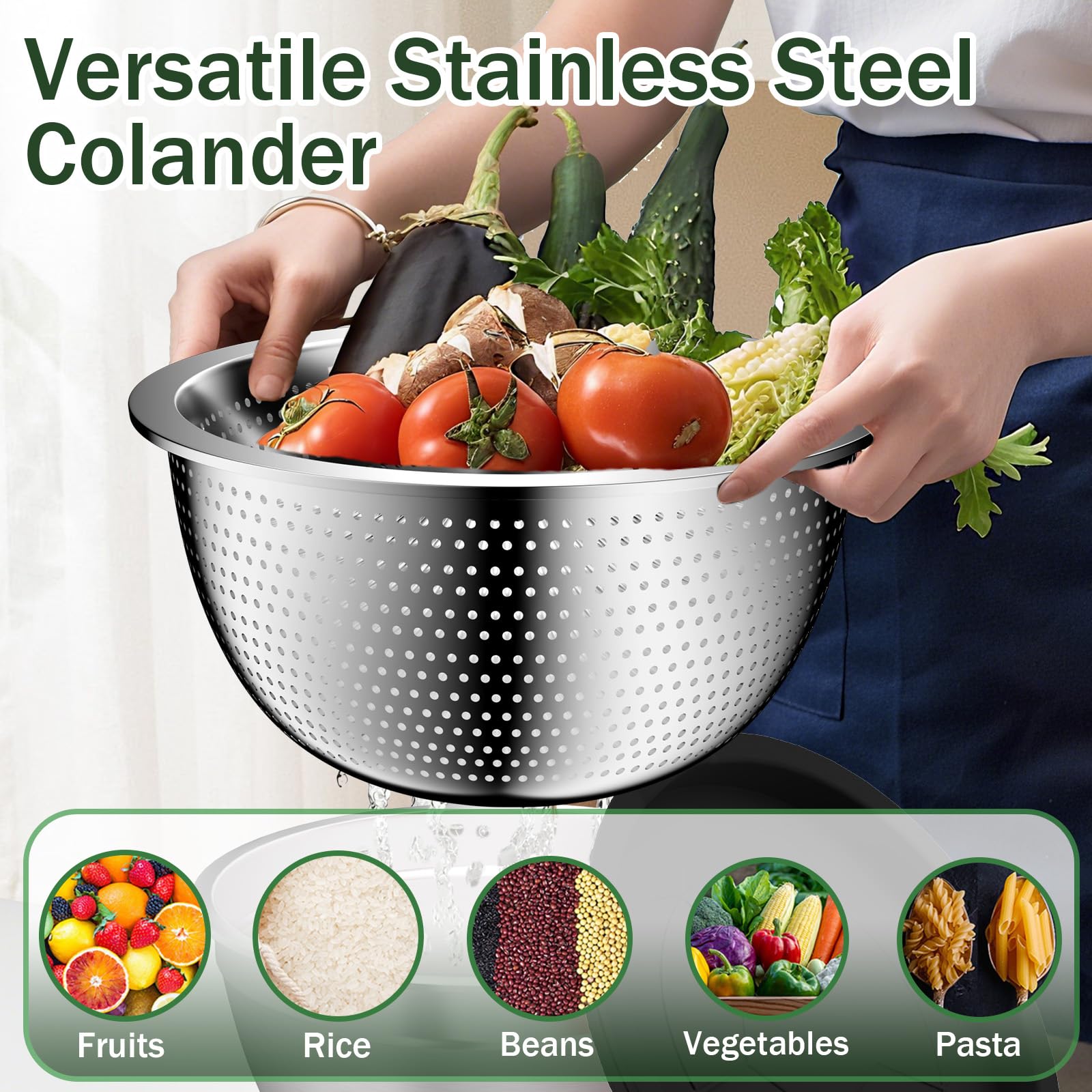 Nicdiet stainless steel colander with microporous drainage used for washing produce.