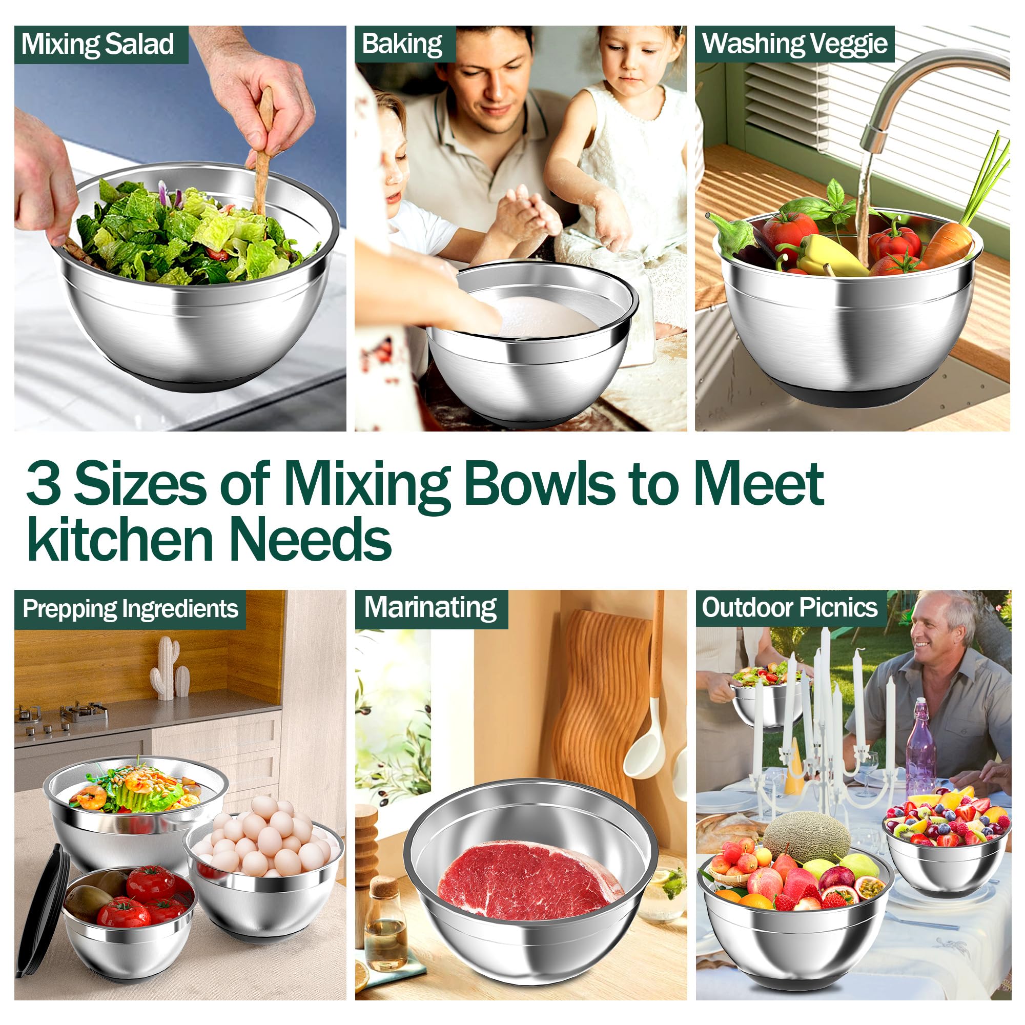 Nicdiet three sizes of bowls fit different tasks and fridge racks.