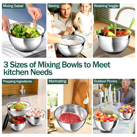 Nicdiet three sizes of bowls fit different tasks and fridge racks.