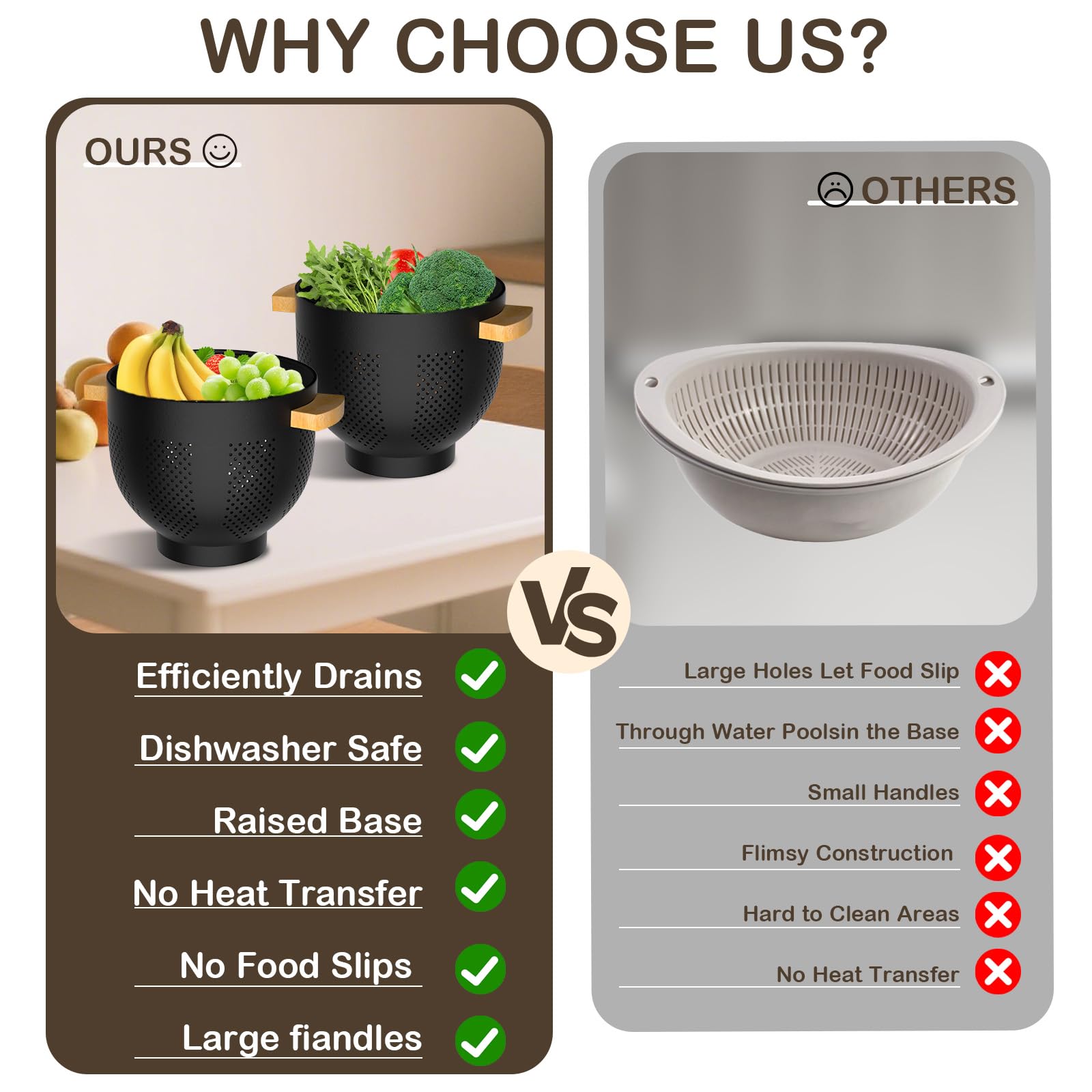 Nicdiet wooden-handle colander offers comfortable anti-slip grip during prep.