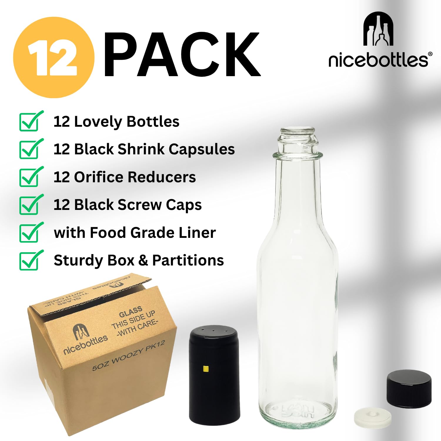 Nicebottles black screw cap on 5oz bottle with secure closure