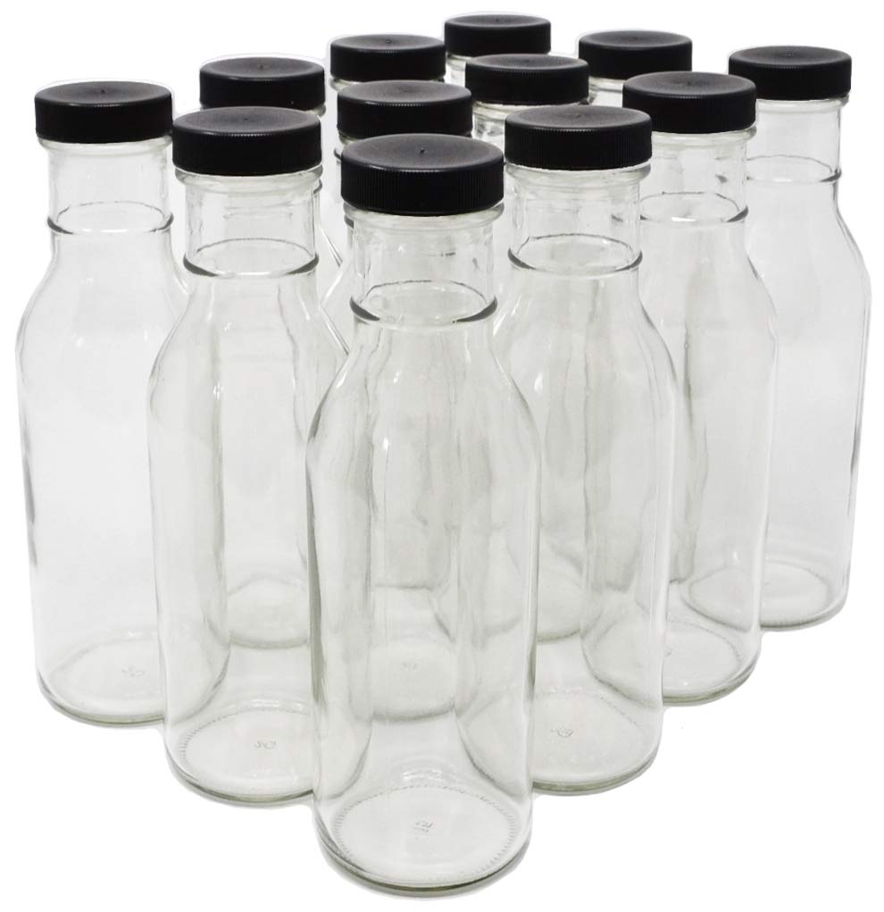 Nicebottles 12 oz clear glass bottle with wide mouth and black cap, ideal for beverages and sauces.