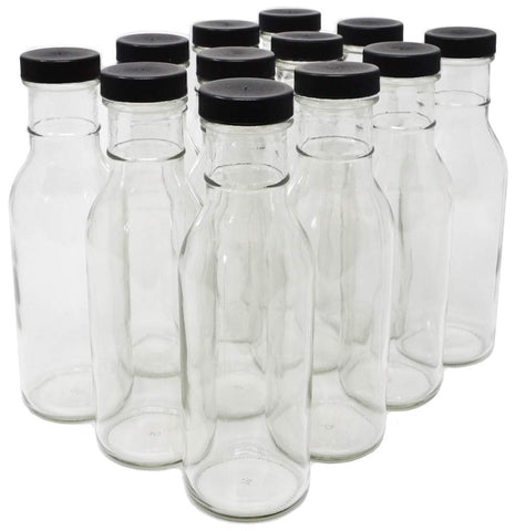 Nicebottles 12 oz clear glass bottle with wide mouth and black cap, ideal for beverages and sauces.