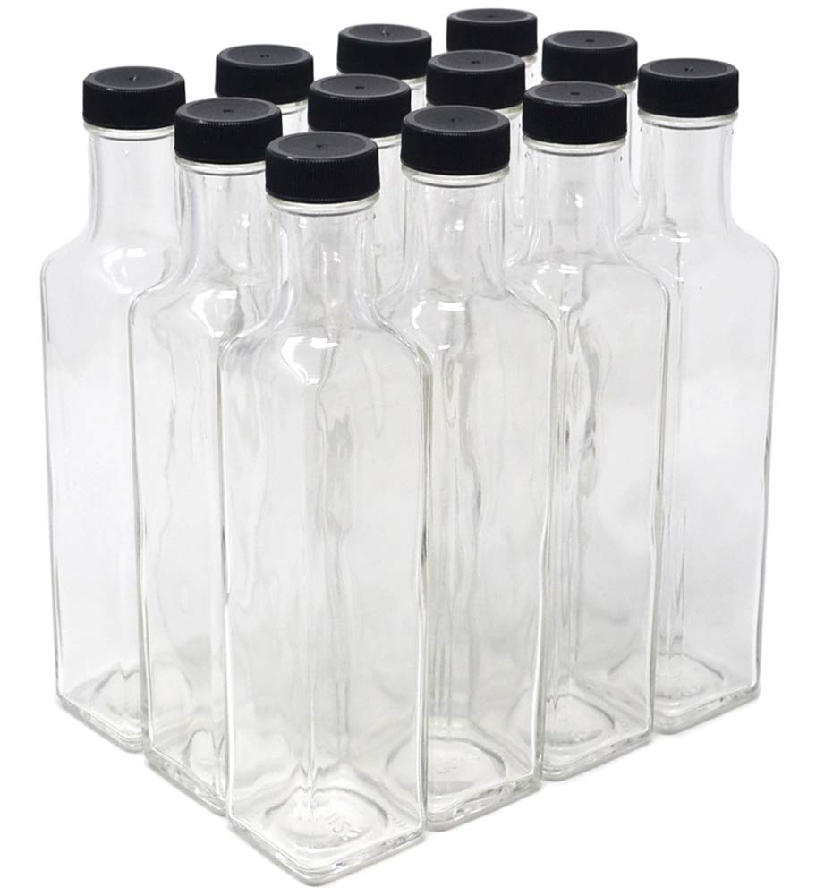 Nicebottles Clear Glass Quadra bottle with black cap, ideal for sauces and dressings with airtight seal