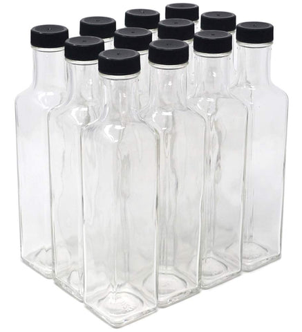Nicebottles Clear Glass Quadra bottle with black cap, ideal for sauces and dressings with airtight seal
