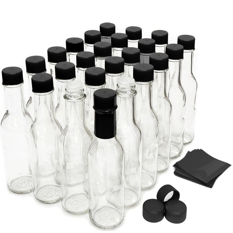 Nicebottles hot sauce bottles 24-pack in clear glass for easy sauce visibility.
