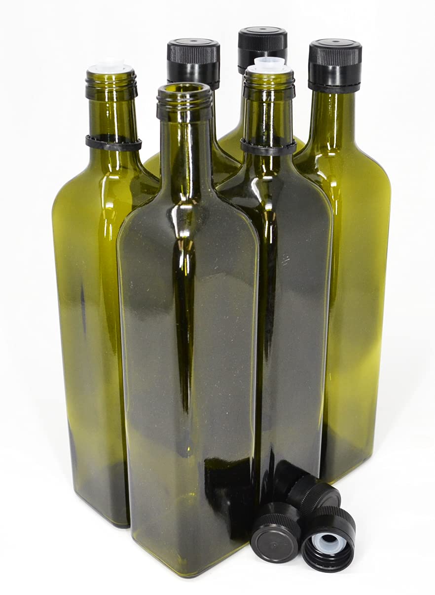 Nicebottles green olive oil bottle with cap and pourer, 750ml, six-pack