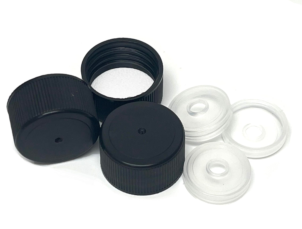 nicebottles screw caps and reducers 24/414 black pack 36, secure seal for 5oz and 10oz bottles