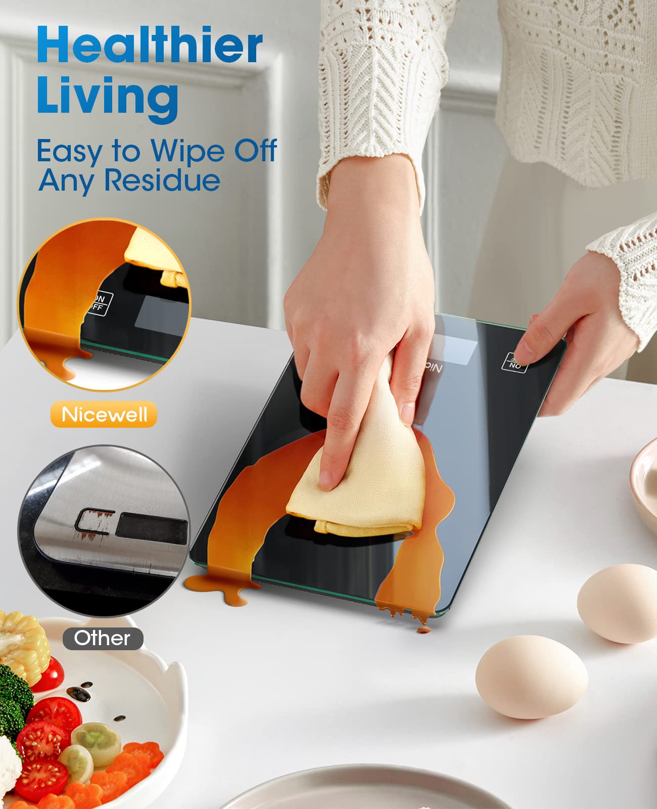 Nicewell food scale stainless steel top resists fingerprints and smudges.