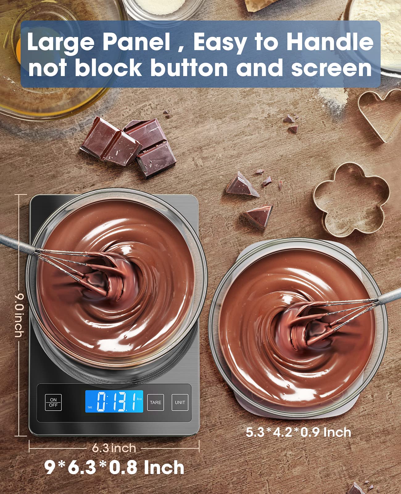 Nicewell scale close-up on tempered glass top for easy cleaning.