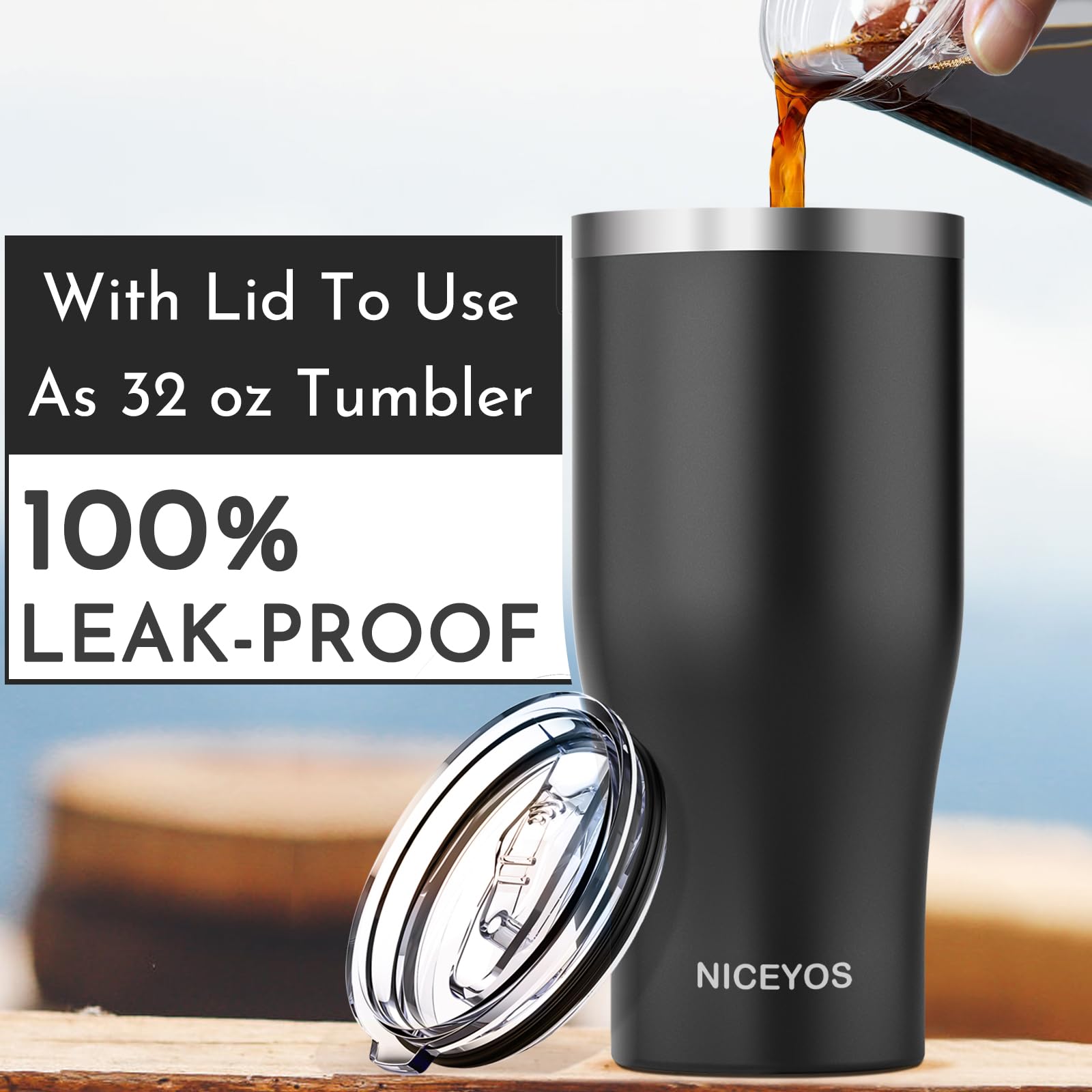 Niceyos double-wall vacuum insulation visible, locking in cold beverage temperature.