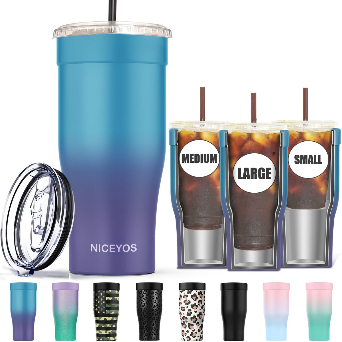 Niceyos universal iced coffee sleeve with 3-in-1 design in blue purple, accommodating multiple cup sizes
