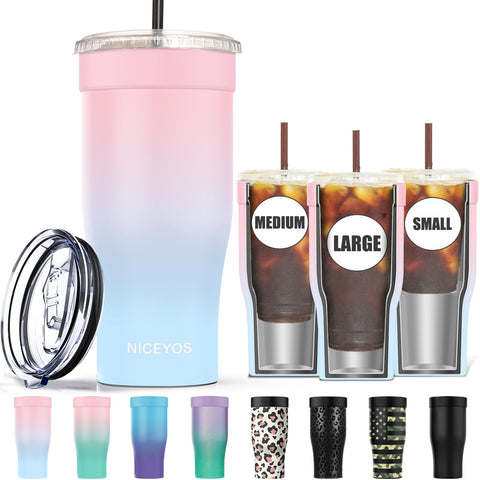 Niceyos universal iced coffee sleeve in pink and blue keeps drinks cold and hands dry.