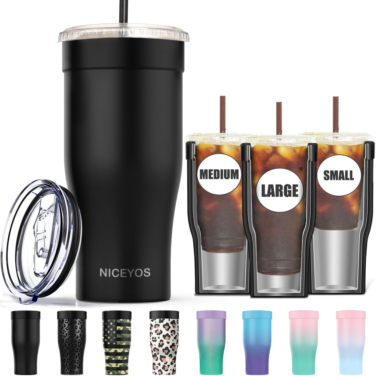 Niceyos universal iced coffee sleeve on assorted cups, keeps drinks cold longer.