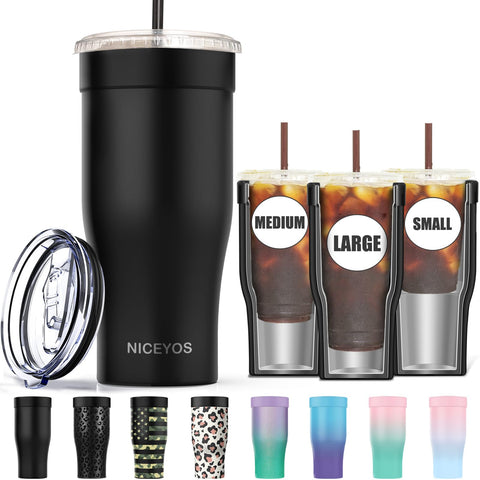 Niceyos universal iced coffee sleeve on assorted cups, keeps drinks cold longer.
