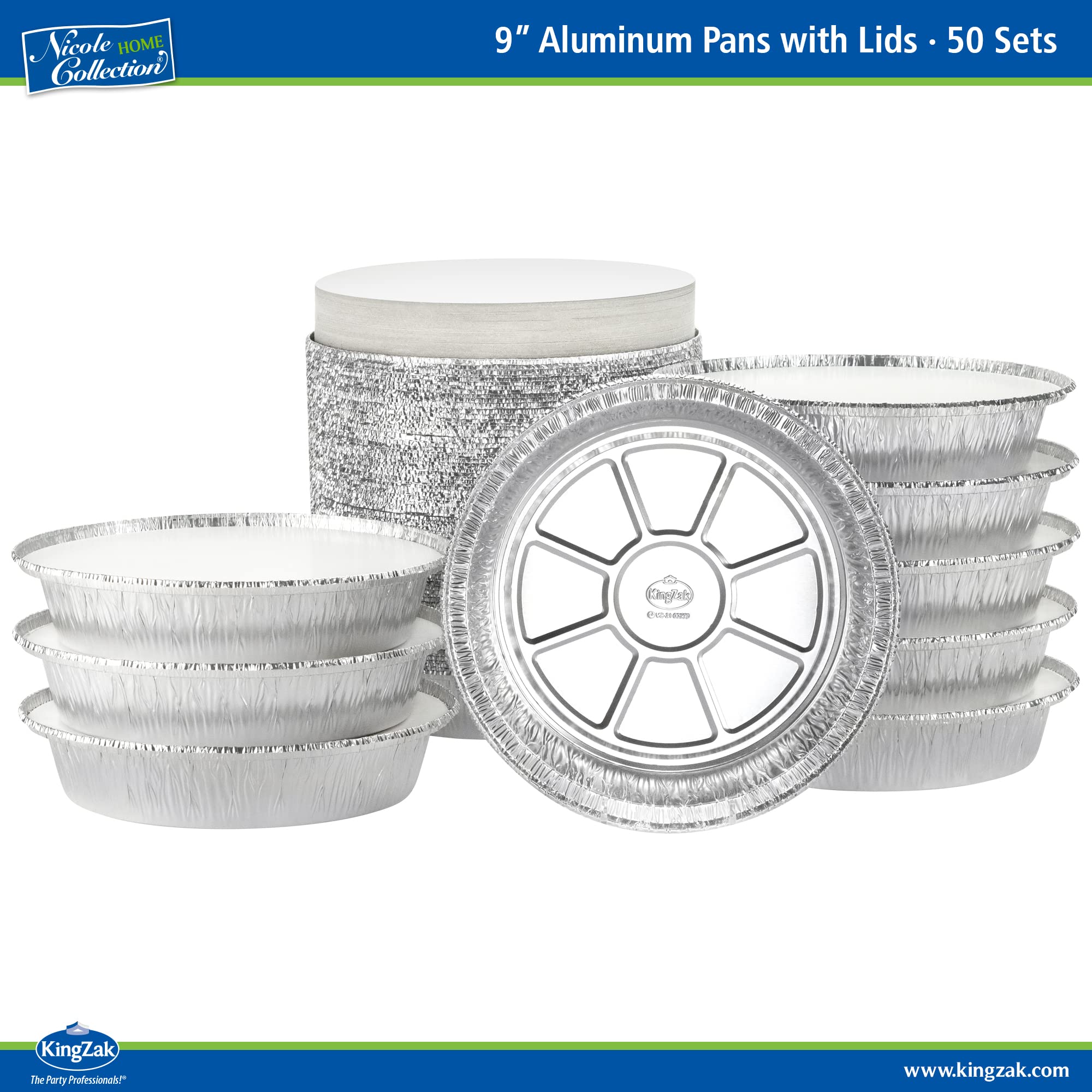 Nicole Home Collection 50-pack foil pans boxed for bulk convenience.