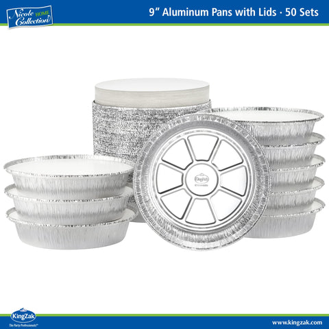 Nicole Home Collection 50-pack foil pans boxed for bulk convenience.