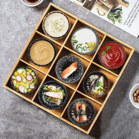 Nicunom dipping bowls displayed on a table setting with sushi
