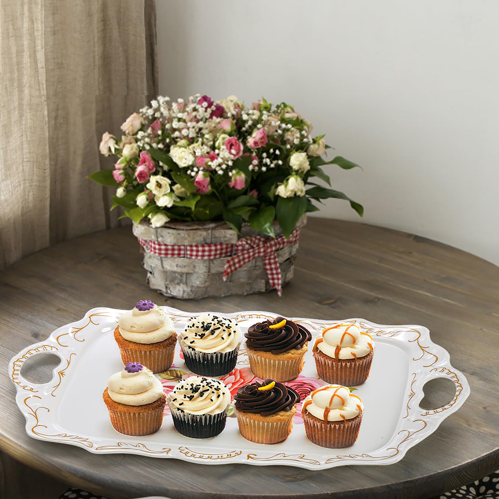 Nicunom floral pattern trays add sophistication to desserts and breakfast.