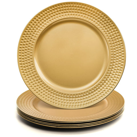 Nicunom gold charger plate with hammered rim and 13-inch diameter for formal place settings.