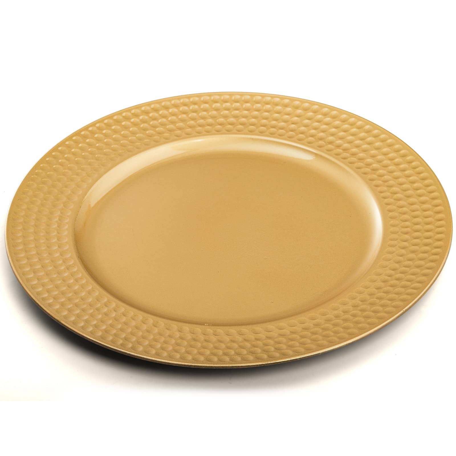 Nicunom gold charger plate closeup highlights durable plastic and hammered rim.