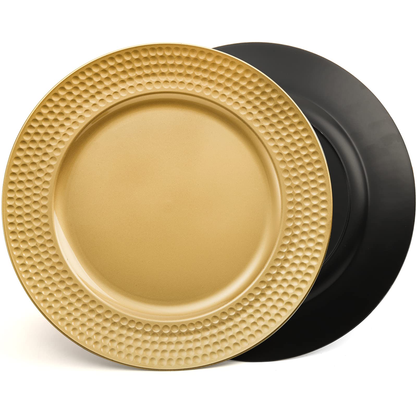 Nicunom gold charger plate beneath dinnerware protects table surfaces during meals.