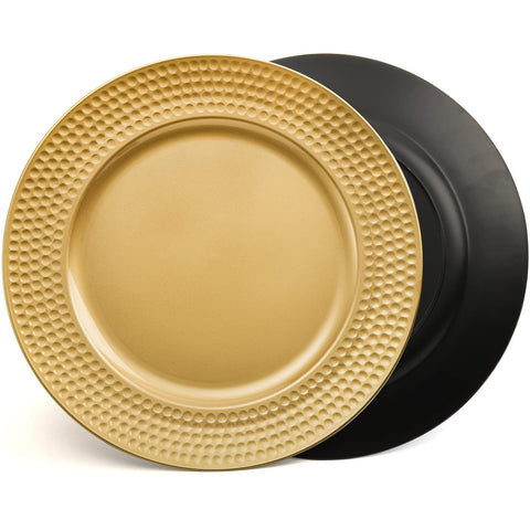 Nicunom gold charger plate beneath dinnerware protects table surfaces during meals.