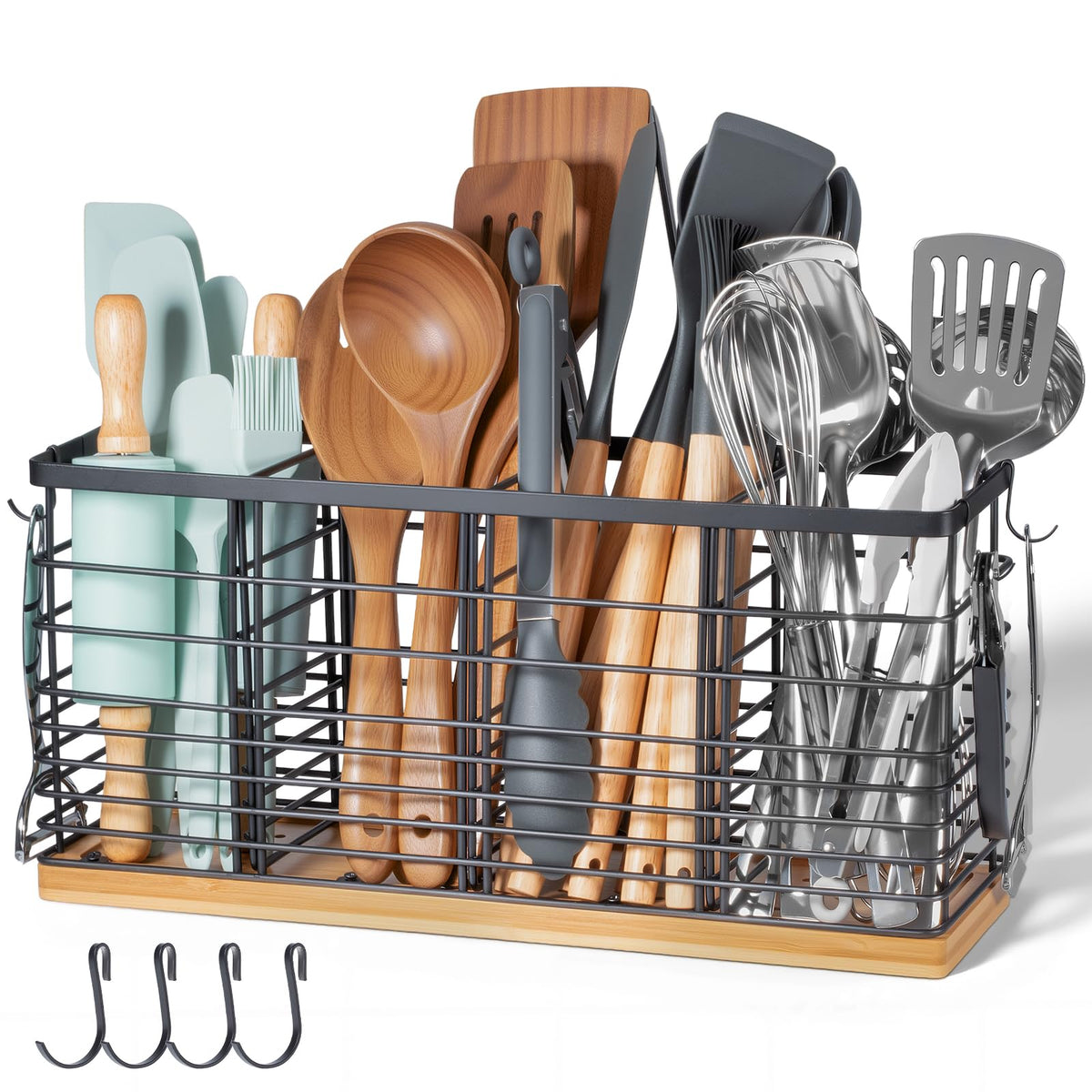 Nigelia extra large utensil holder in matte black with wooden base for organized counter space