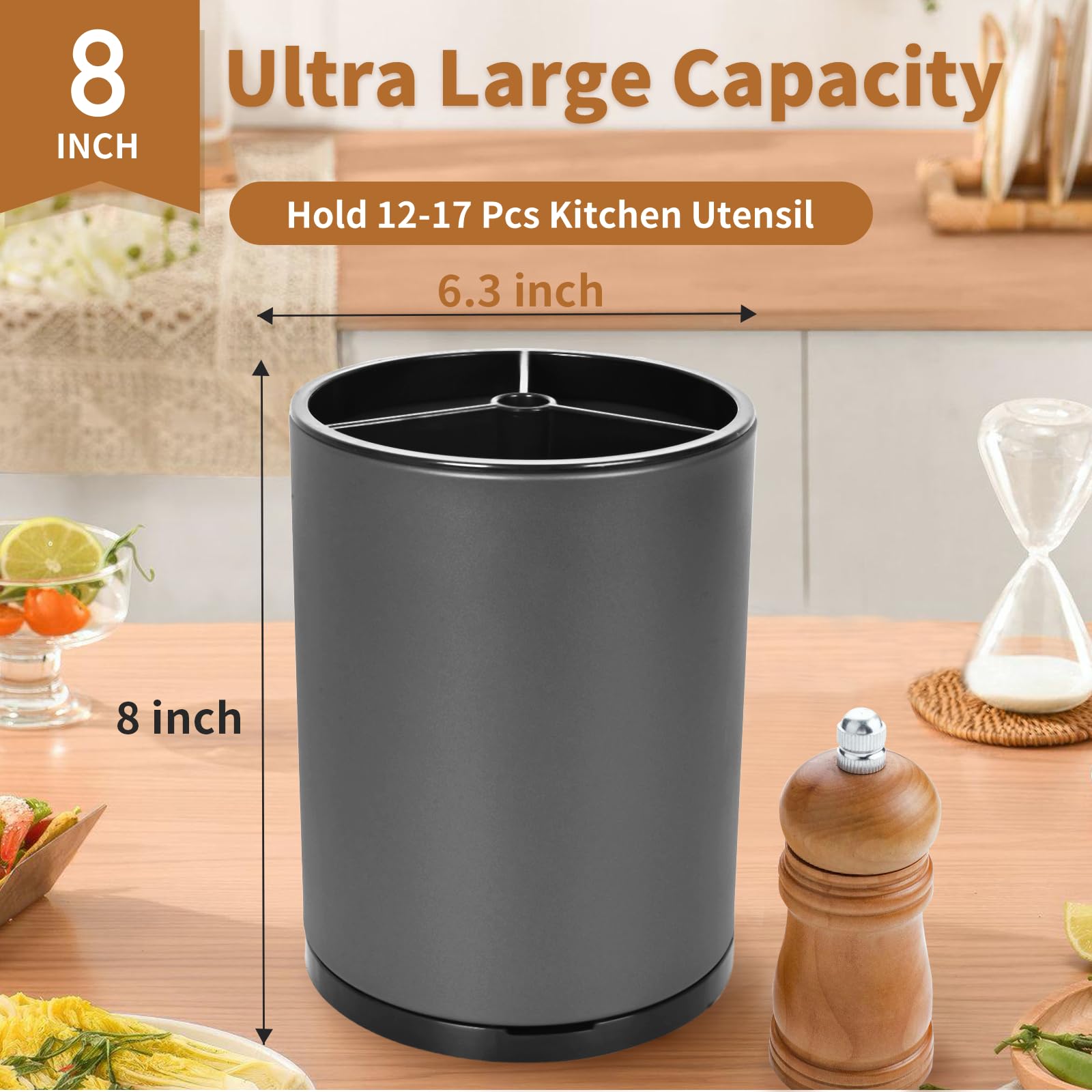 Nigelia stainless steel utensil holder side view shows compact, modern design.