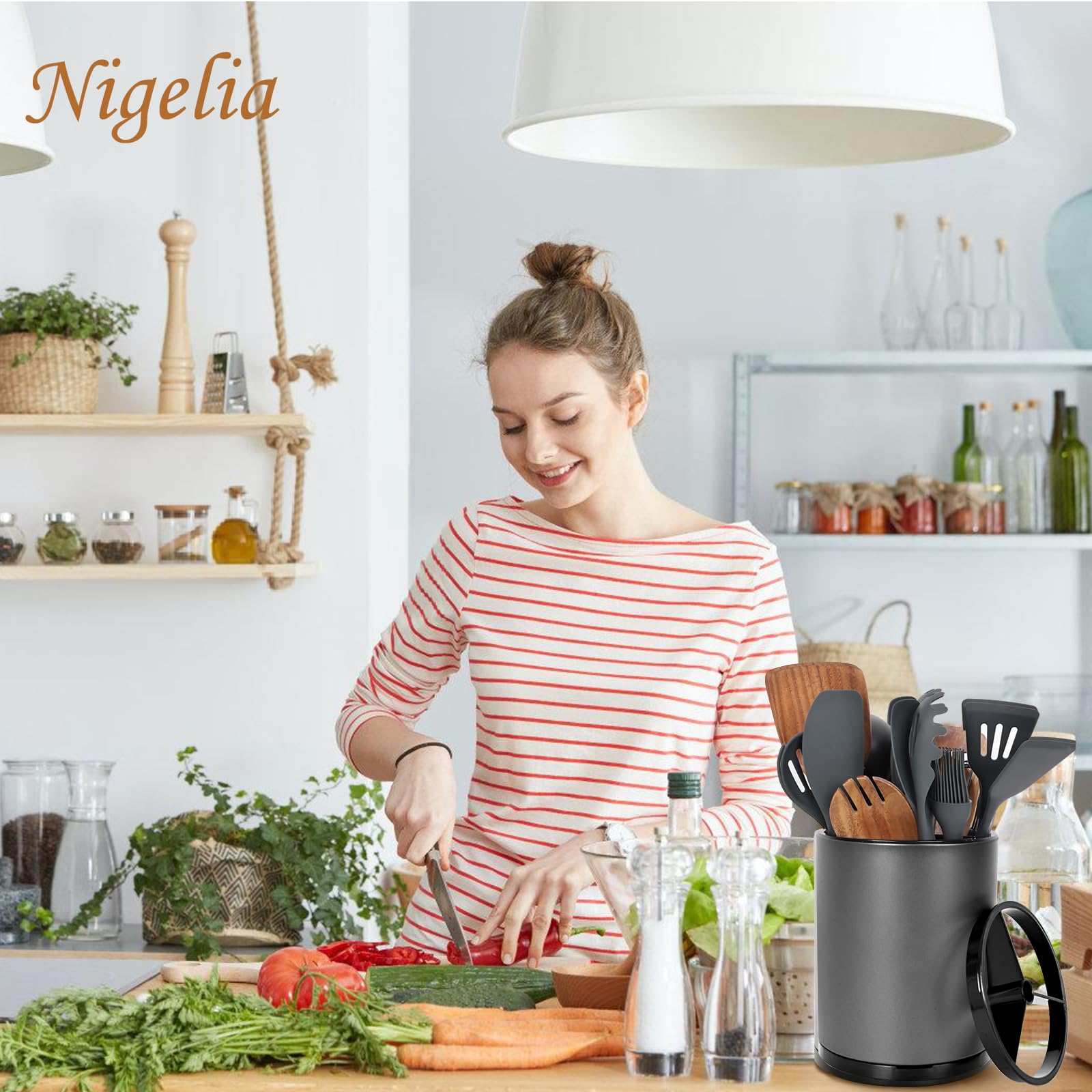 Nigelia stainless steel utensil holder anti-fingerprint finish keeps counters clean.