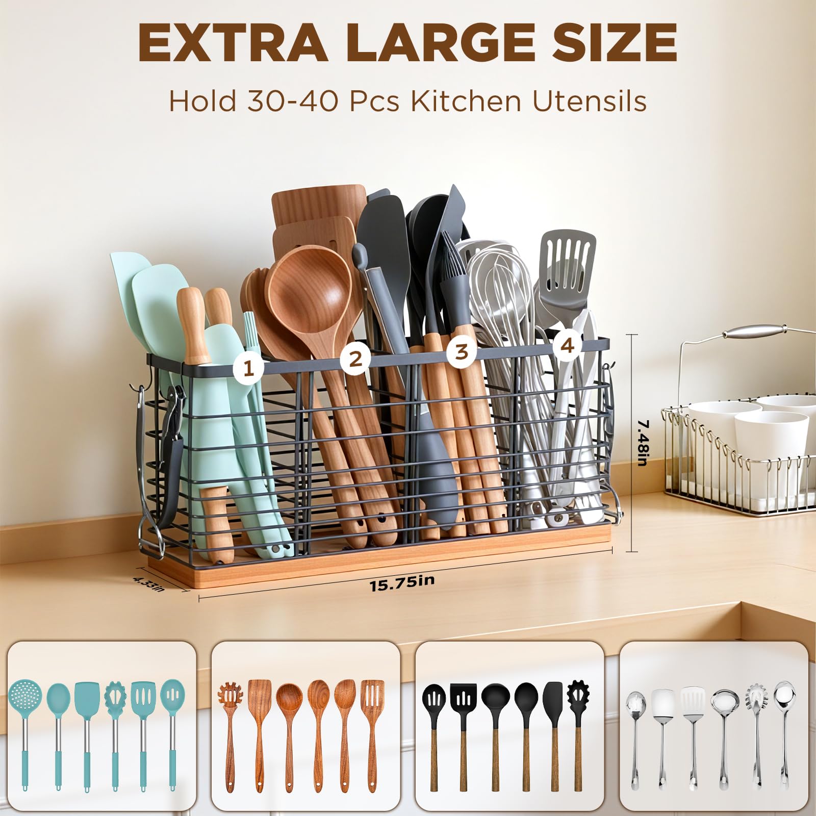 Nigelia utensil holder with four compartments and wooden base
