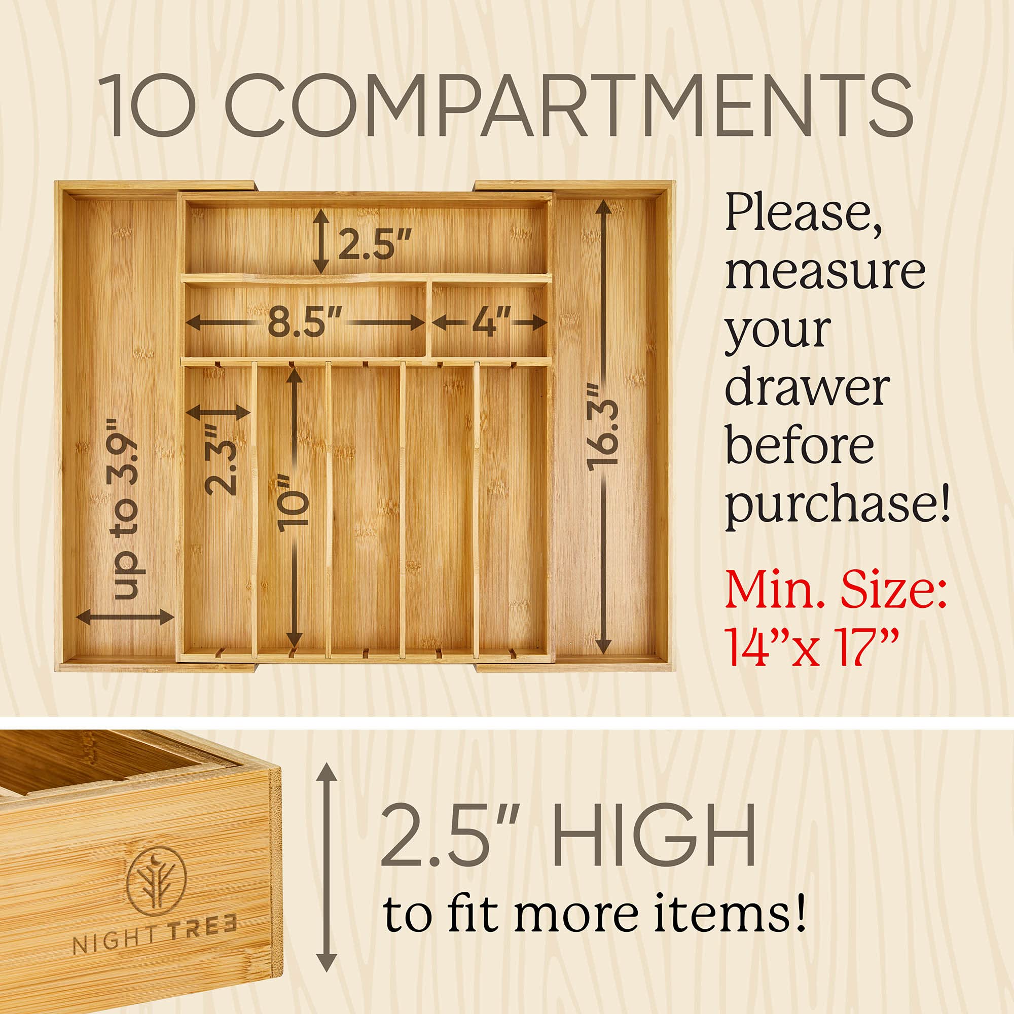 Night Tree removable dividers let you resize compartments for long tools.