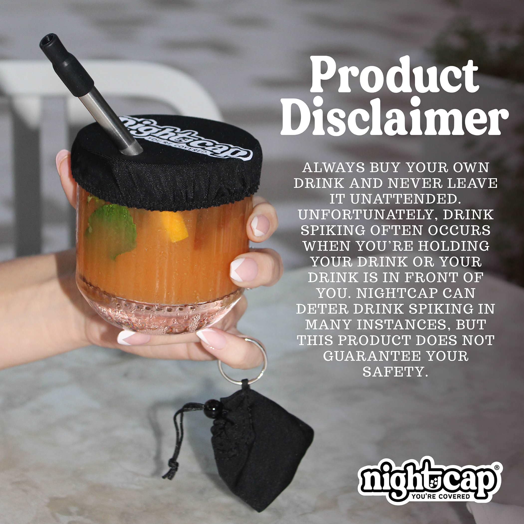 NightCap logo on the pouch signals reusable, practical design