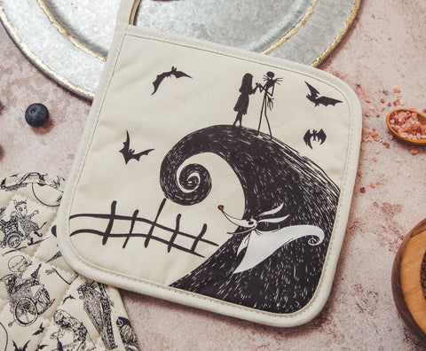 The Nightmare Before Christmas pot holder collage featuring Jack, Sally, and other characters