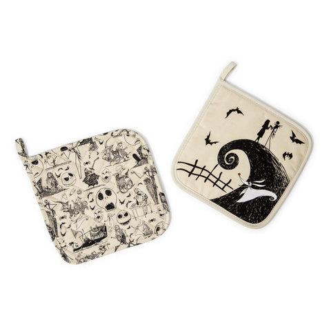The Nightmare Before Christmas pot holder with Jack and Sally on Spiral Hill and Zero for safe cooking