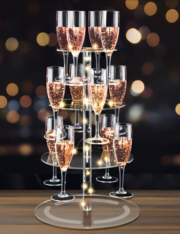 NiHome 3-Tier Champagne Tower with glowing string lights enhances wedding displays