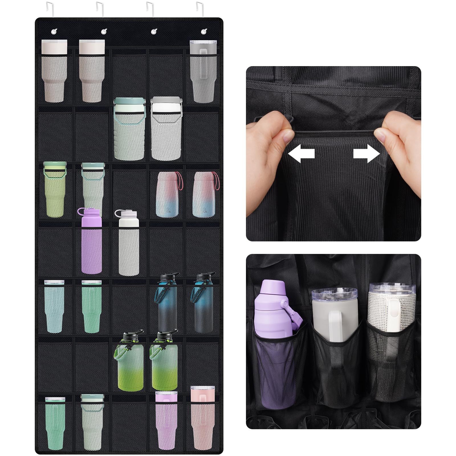 NiHome 35-pocket door organizer holds Stanley tumbler for easy access in the kitchen.