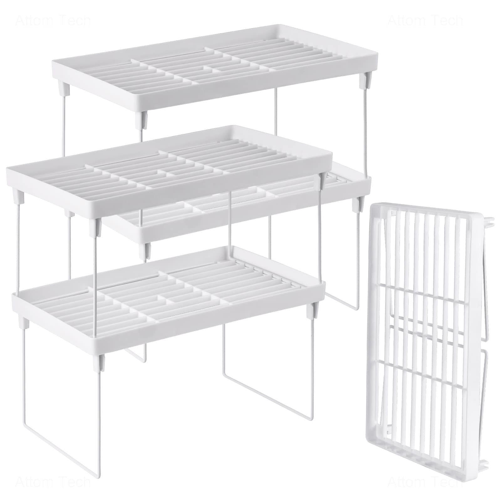 NiHome 4-Pack stackable shelf in white demonstrates compact cabinet organization.