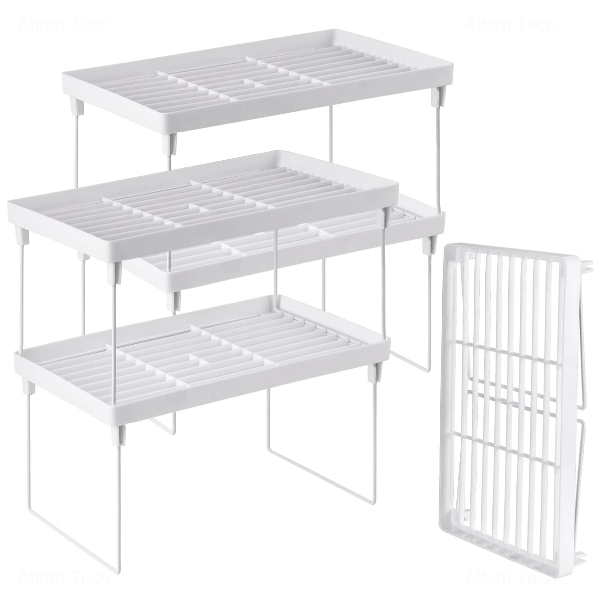 NiHome 4-Pack stackable shelf in white demonstrates compact cabinet organization.