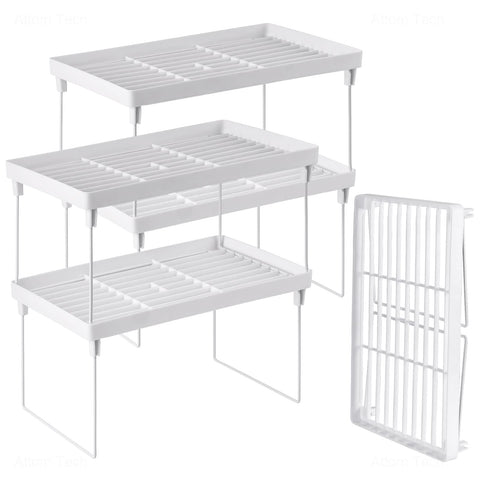 NiHome 4-Pack stackable shelf in white demonstrates compact cabinet organization.