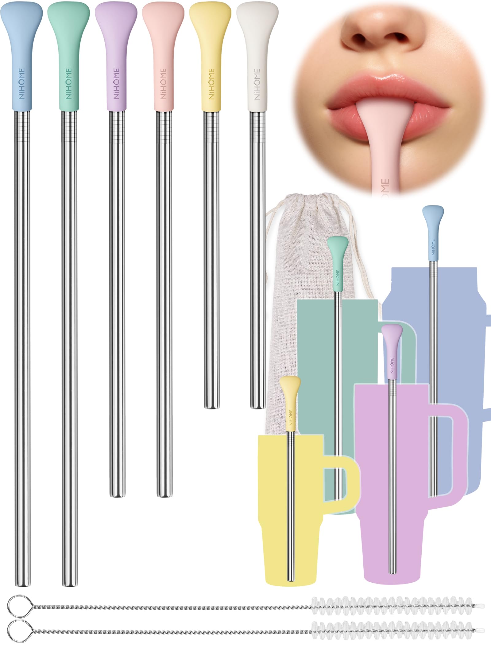 NiHome anti-wrinkle flat tip straw for comfortable sipping with macaron color