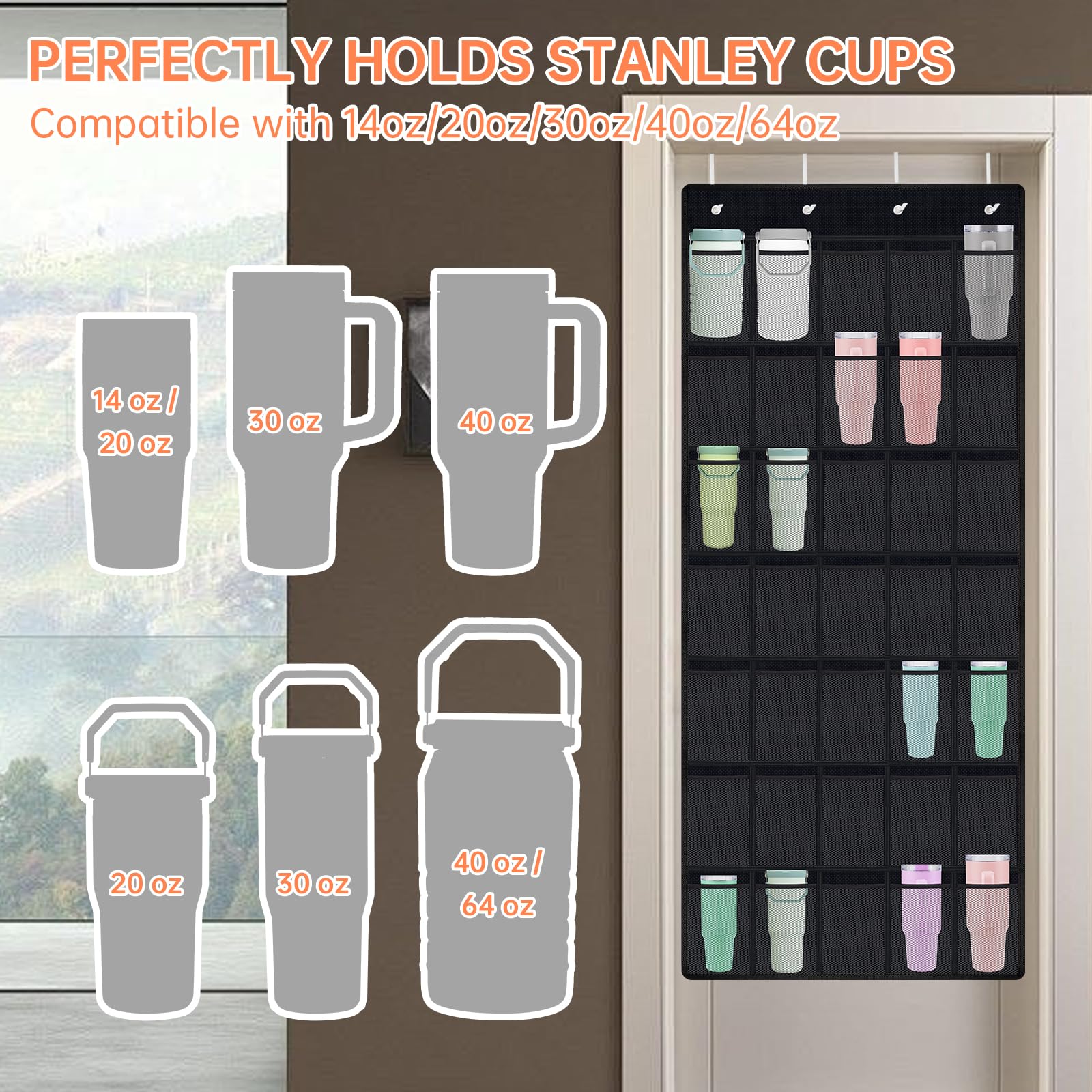 NiHome elastic mesh pockets securely hold cups of varying sizes.