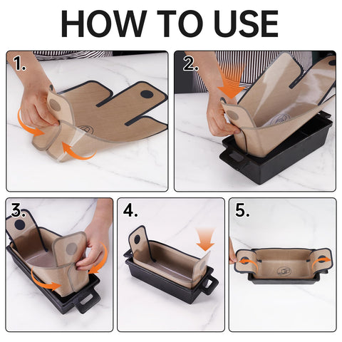 NiHome silicone loaf liner showing folded corners for leak-proof baking.