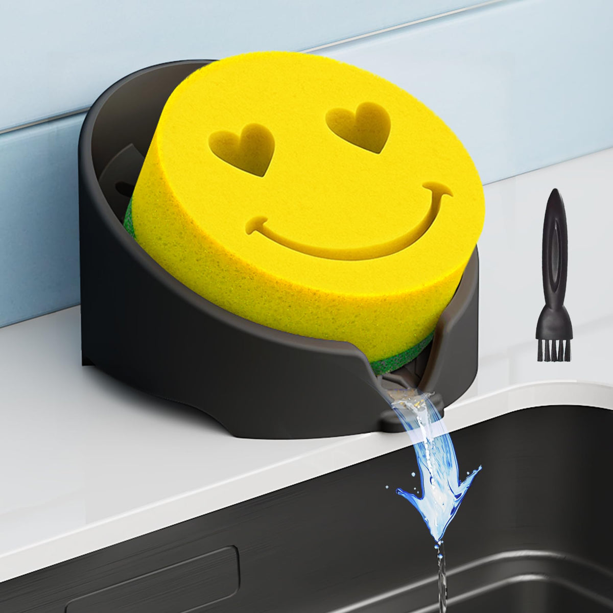 NiHome silicone sponge holder in black showing multiple sponges fit for organized kitchen use