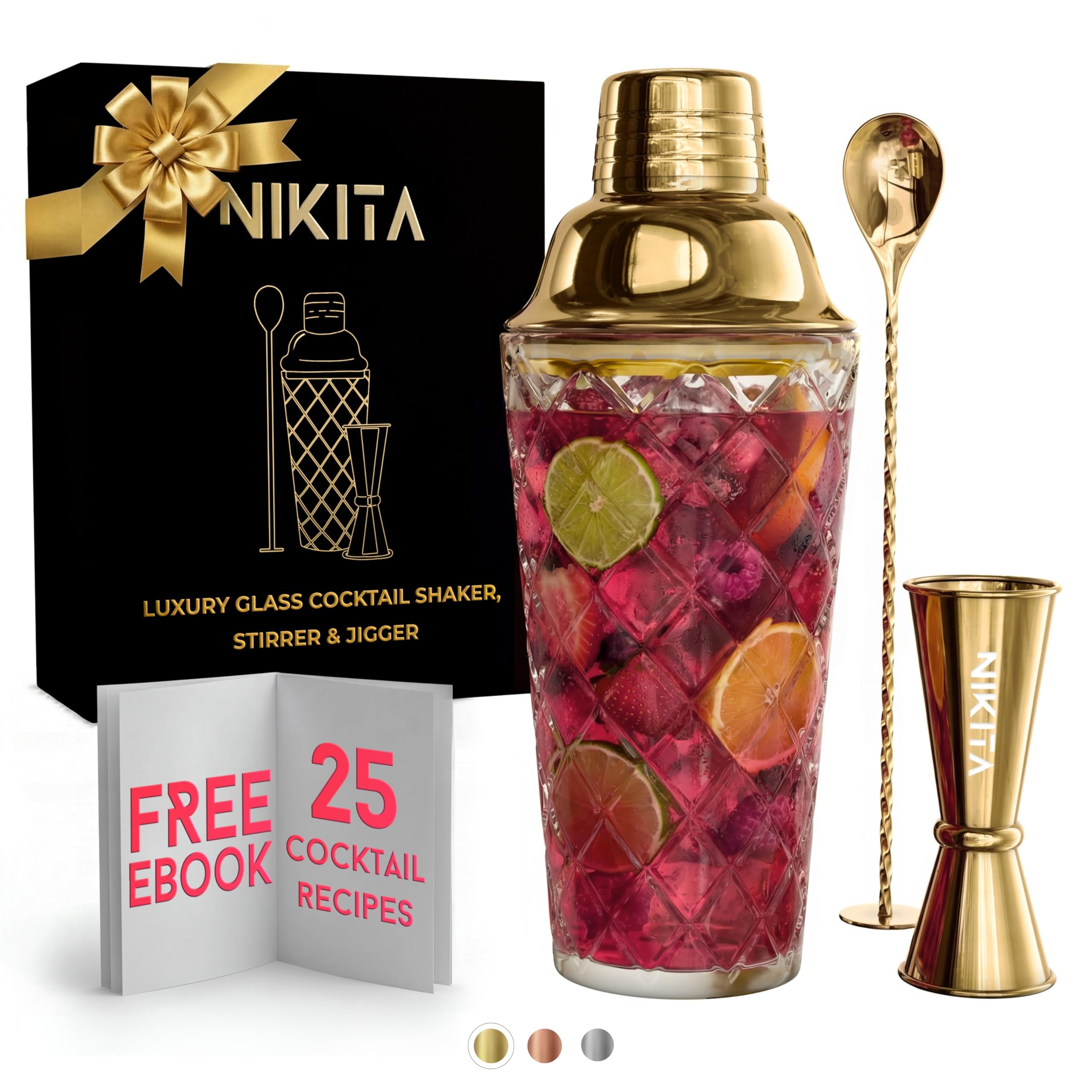 Nikita by Niki glass 16oz cocktail shaker on a kitchen counter for home entertaining