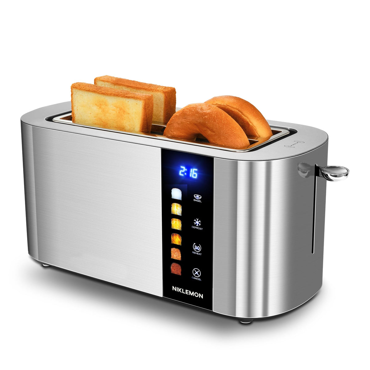 NIKLEMON 4-slice toaster with LED display and precise control for customizable toasting.
