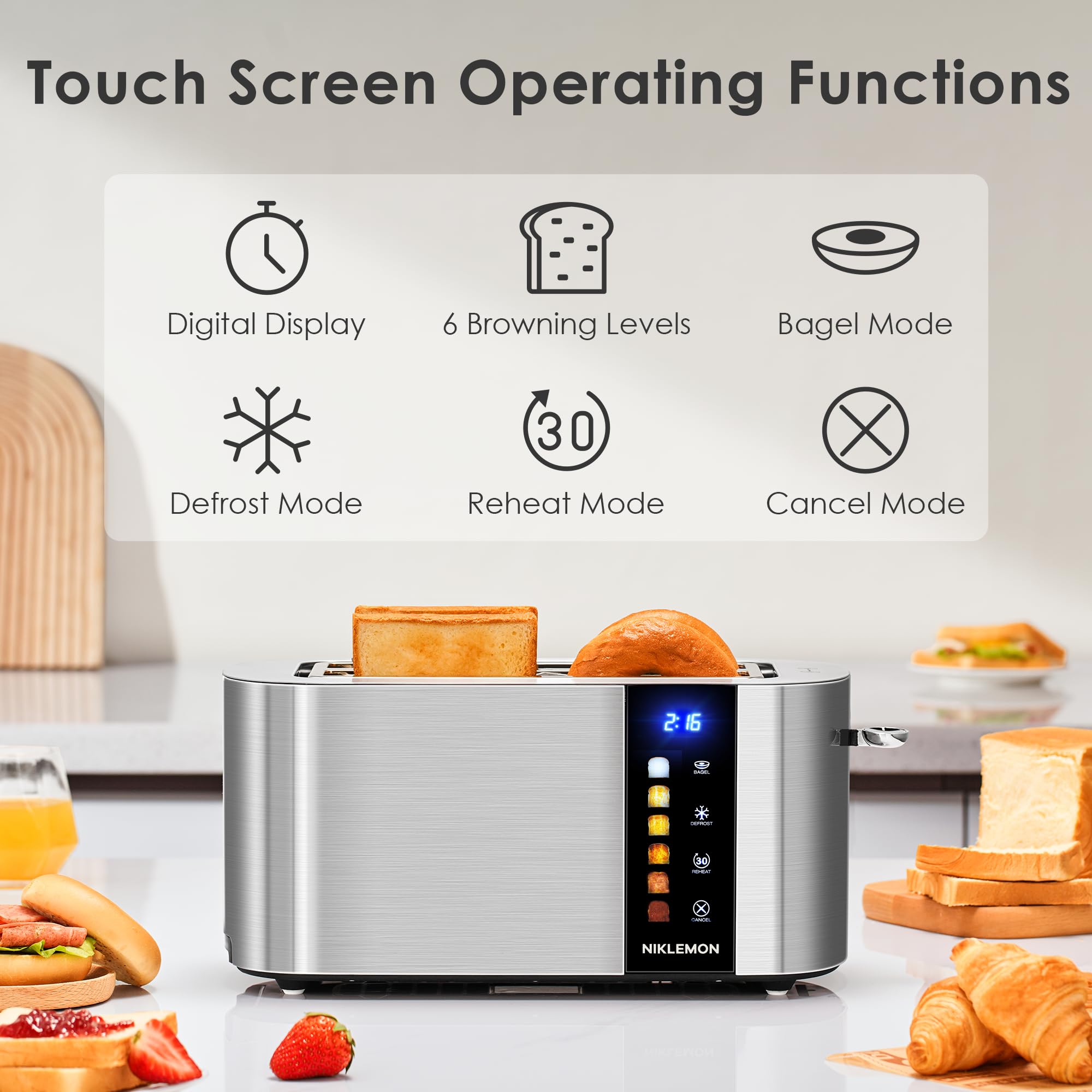 NIKLEMON long 10-inch slots accommodate bagels and larger slices for even browning.