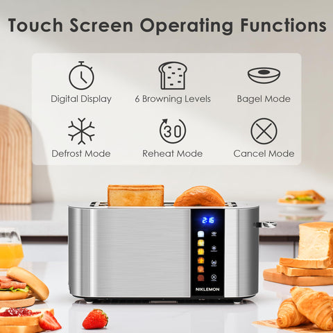 NIKLEMON long 10-inch slots accommodate bagels and larger slices for even browning.