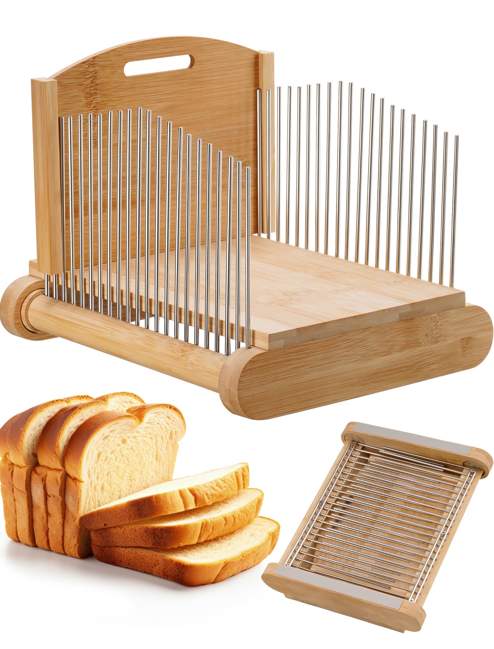 NiHome Bamboo Bread Slicer with base and stainless steel guides for clean slices
