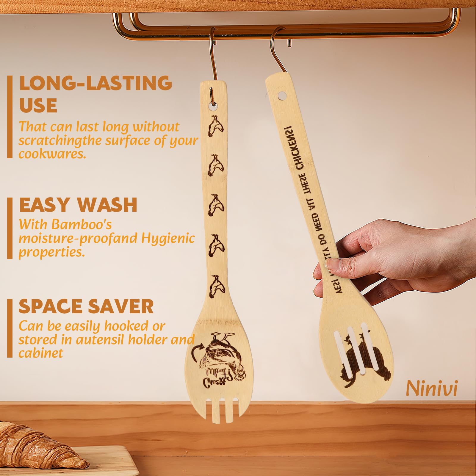 Ninivi natural bamboo spoons with nonstick surface for cookware protection